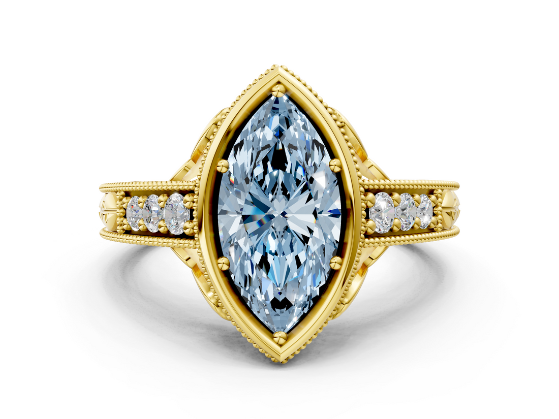 Yellow gold Bezel Set Fancy Blue Marquise  Diamond Milgrain Pave Engagement Ring_33