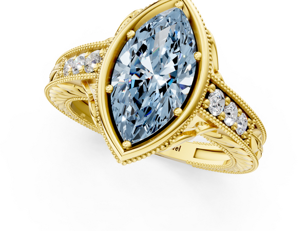Yellow gold Bezel Set Fancy Blue Marquise  Diamond Milgrain Pave Engagement Ring