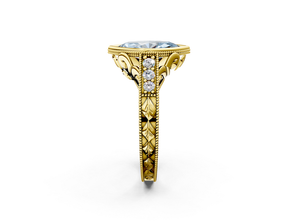 Yellow gold Bezel Set Fancy Blue Marquise  Diamond Milgrain Pave Engagement Ring