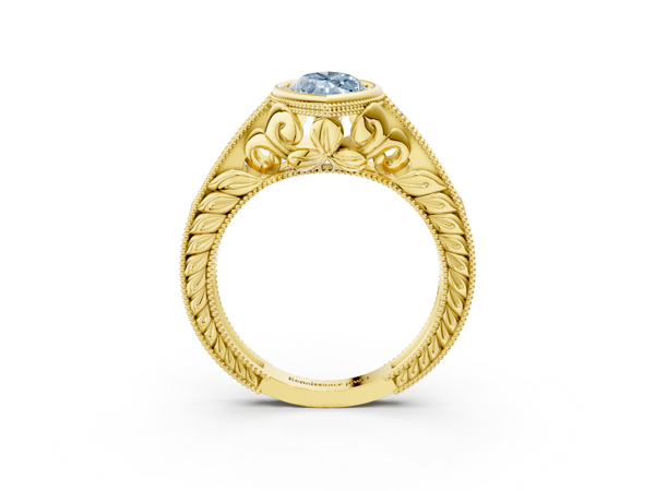 Yellow gold Bezel Set Fancy Blue Marquise  Diamond Milgrain Pave Engagement Ring