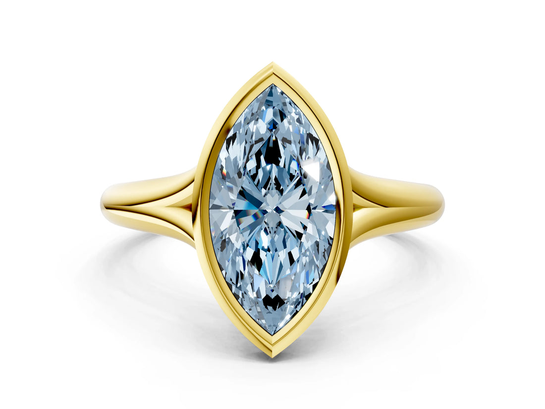 Yellow gold Bezel Set Fancy Blue Marquise  Solitaire Diamond Ring with Smooth Band