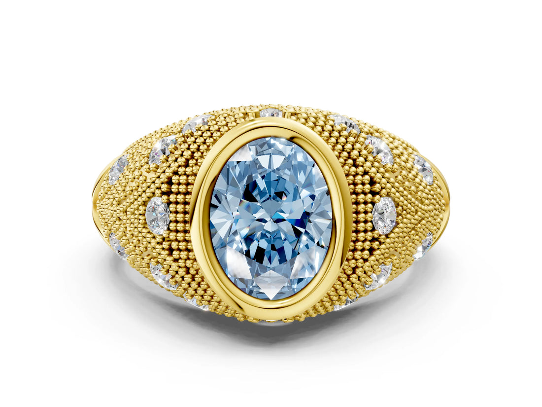 Yellow gold Bezel Set Fancy Blue Oval Cut Diamond Milgrain Band Ring