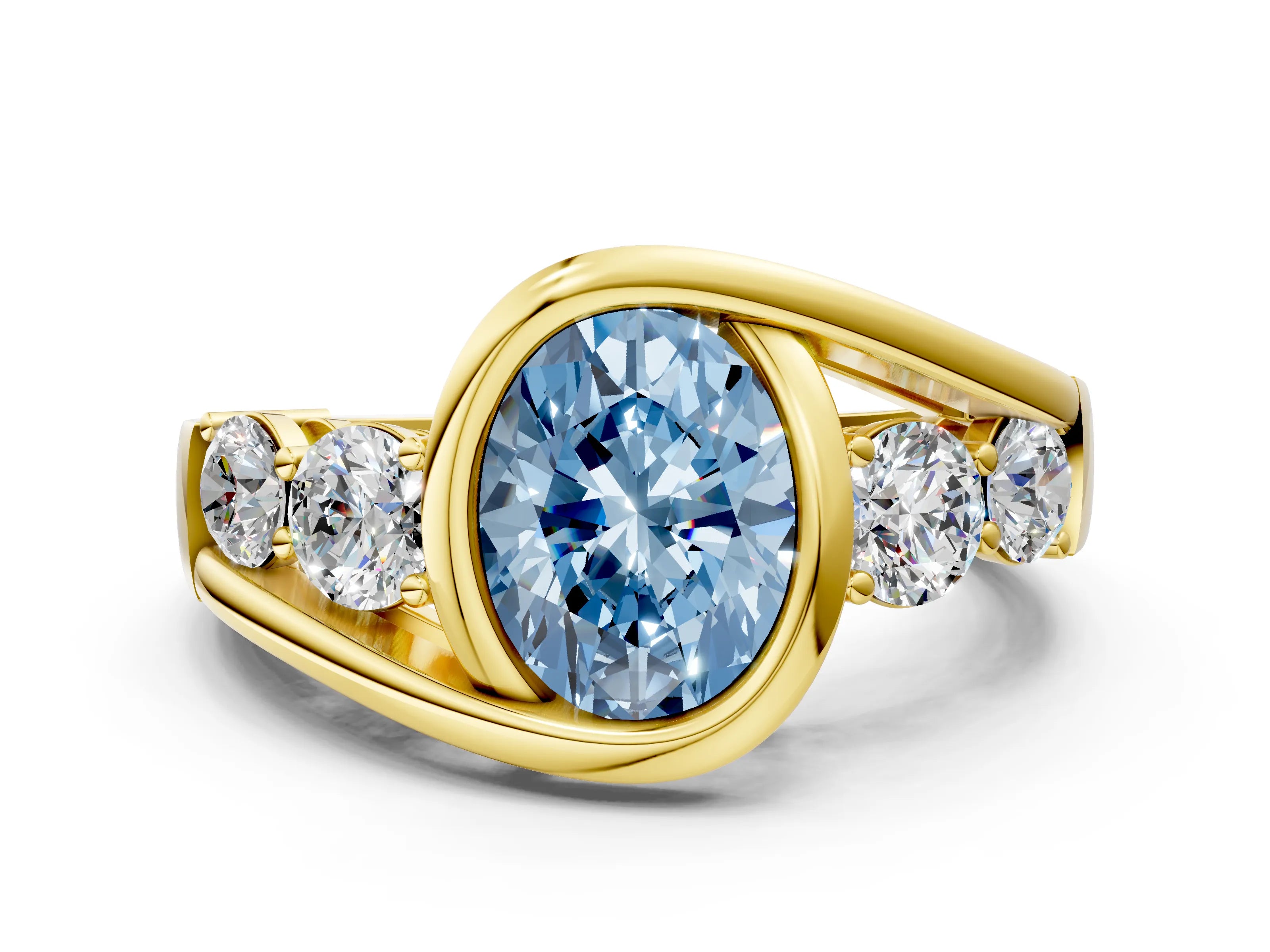 Yellow gold Bezel Set Fancy Blue Oval Cut Diamond Split Shank Ring