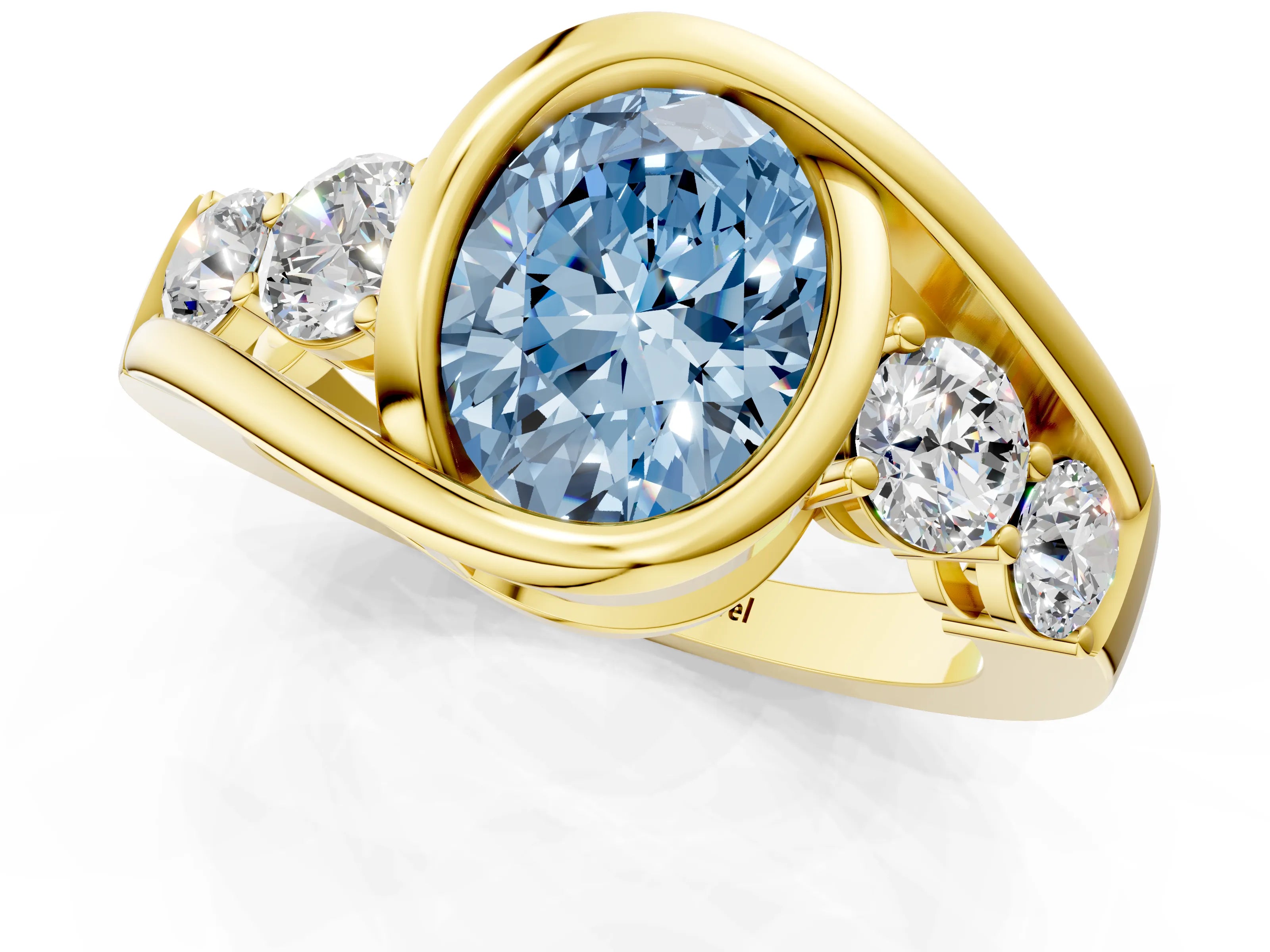 Yellow gold Bezel Set Fancy Blue Oval Cut Diamond Split Shank Ring_1