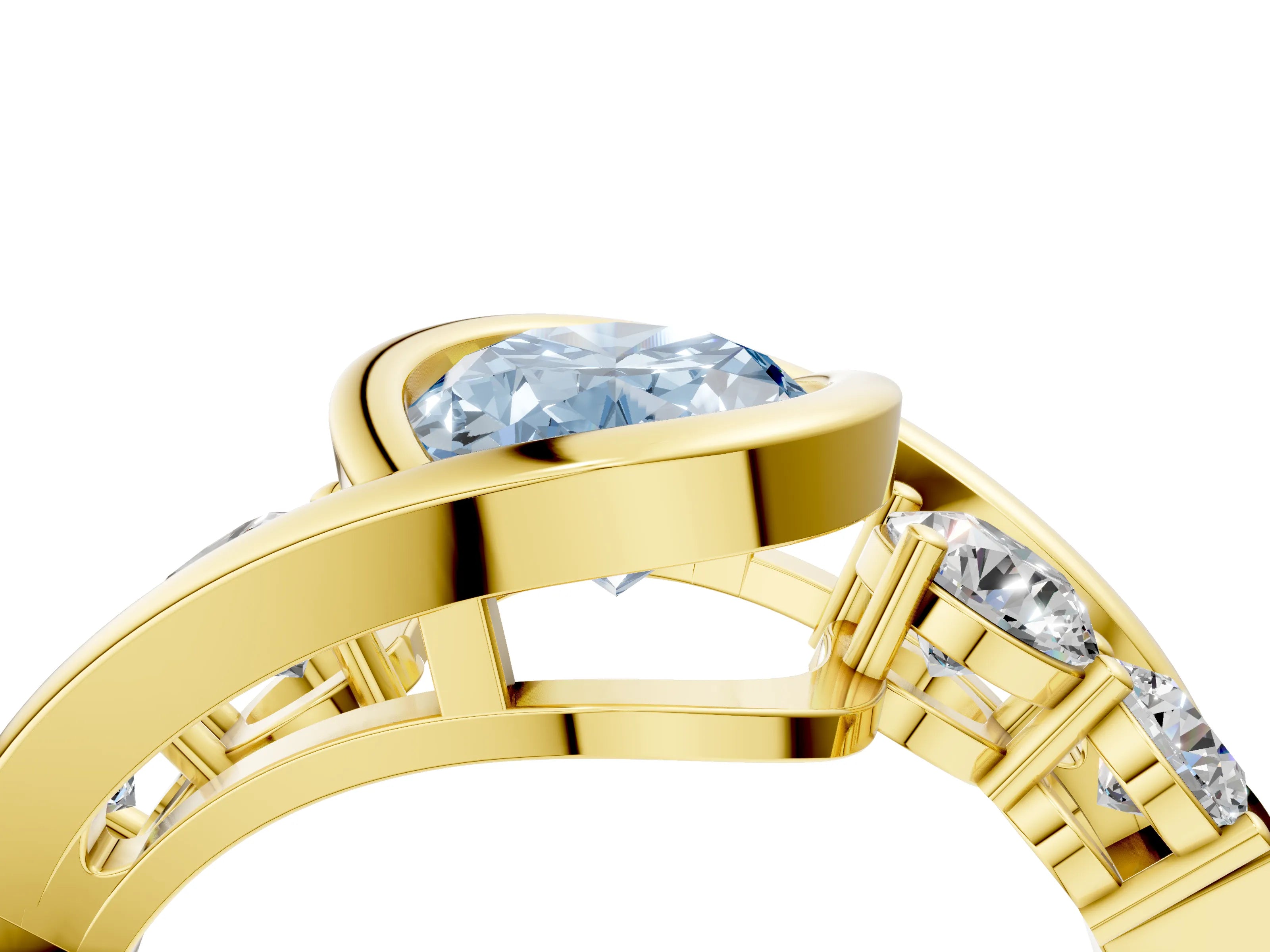 Yellow gold Bezel Set Fancy Blue Oval Cut Diamond Split Shank Ring_4