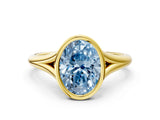 Yellow gold Bezel Set Fancy Blue Oval  Cut Solitaire Ring with Tapered Band