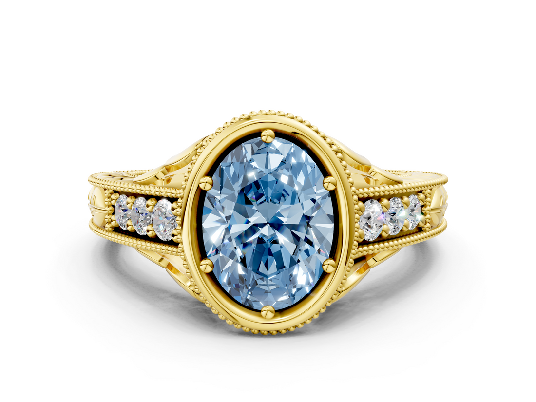 Yellow gold Bezel Set Fancy Blue Oval  Diamond Milgrain Pave Engagement Ring_32