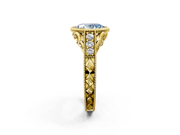 Yellow gold Bezel Set Fancy Blue Oval  Diamond Milgrain Pave Engagement Ring