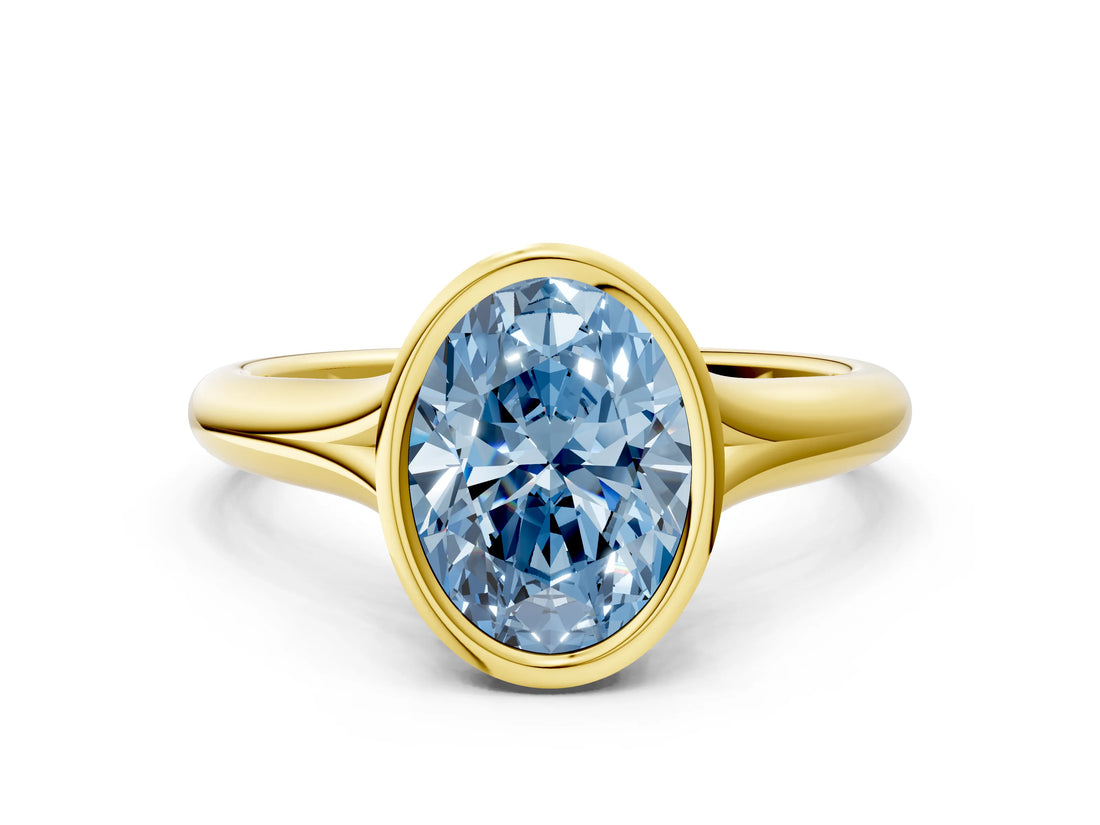 Yellow gold Bezel Set Fancy Blue Oval  Solitaire Diamond Ring with Smooth Band 2