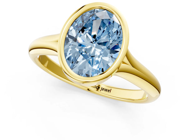 Yellow Gold Oval Bezel Solitaire Engagement Ring Setting for Fancy Blue Center with Split Shoulders
