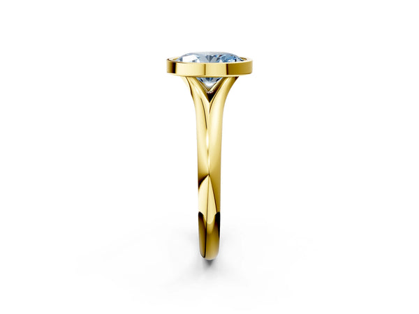 Yellow Gold Oval Bezel Solitaire Engagement Ring Setting for Fancy Blue Center with Split Shoulders