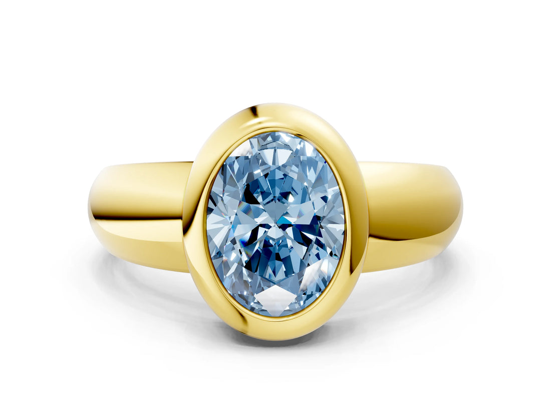 Yellow gold Bezel Set Fancy Blue Oval  Solitaire Ring with Wide Band 2