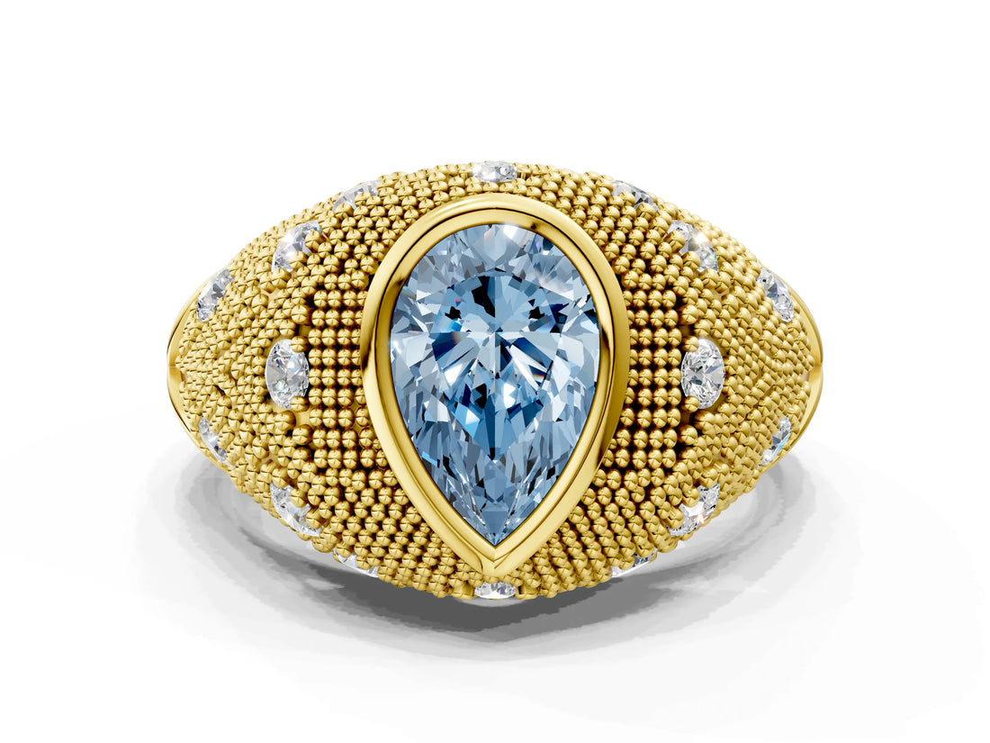 Yellow gold Bezel Set Fancy Blue Pear Cut Diamond Milgrain Band Ring