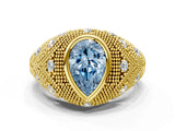 Yellow gold Bezel Set Fancy Blue Pear Cut Diamond Milgrain Band Ring