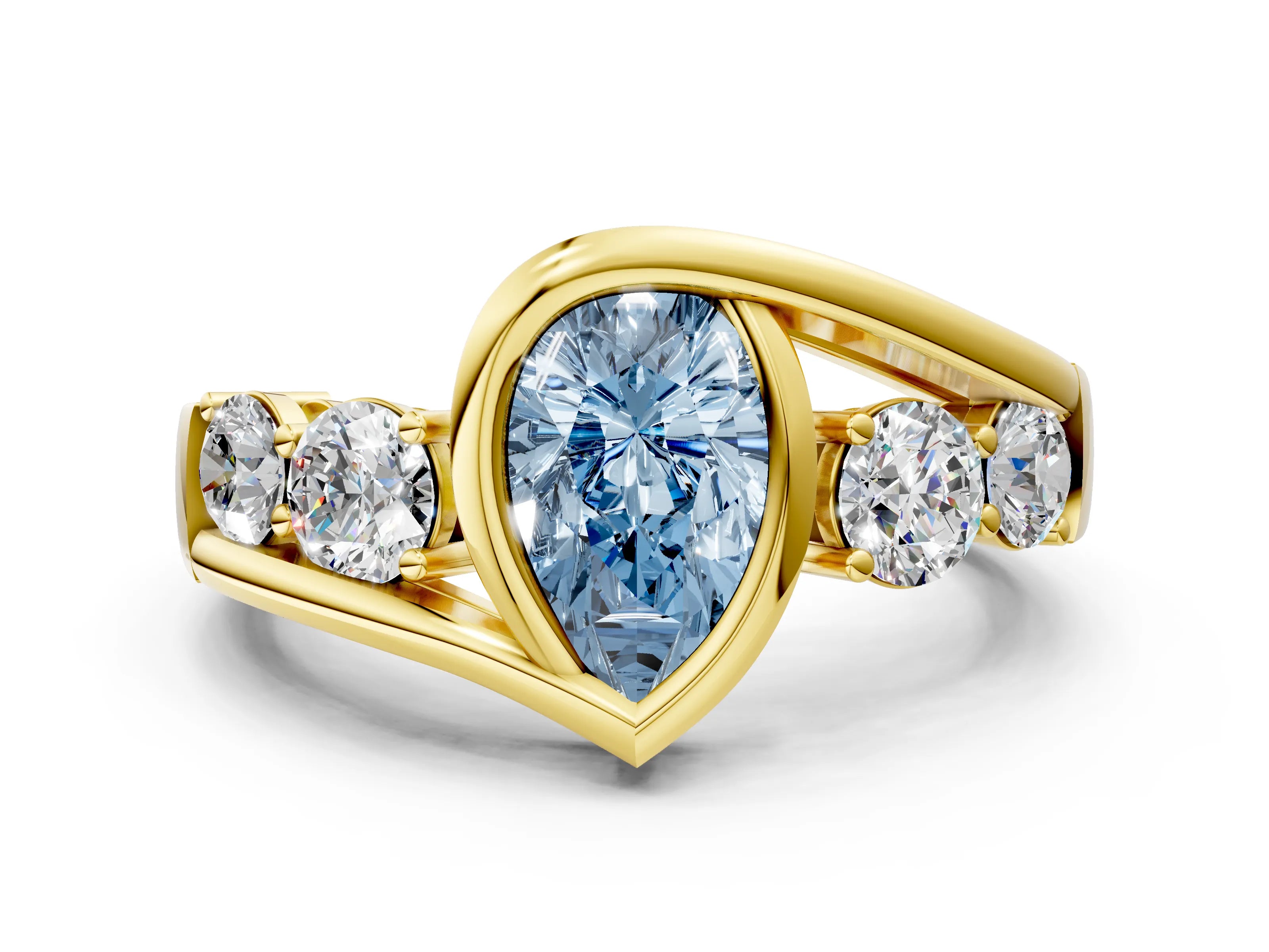 Yellow gold Bezel Set Fancy Blue Pear Cut Diamond Split Shank Ring