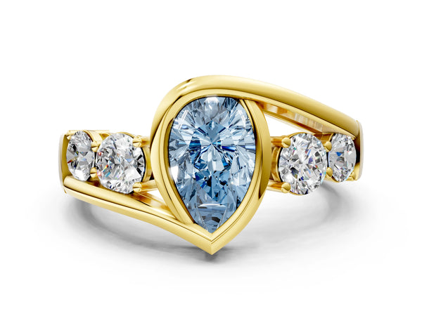 Yellow gold Bezel Set Fancy Blue Pear Cut Diamond Split Shank Ring