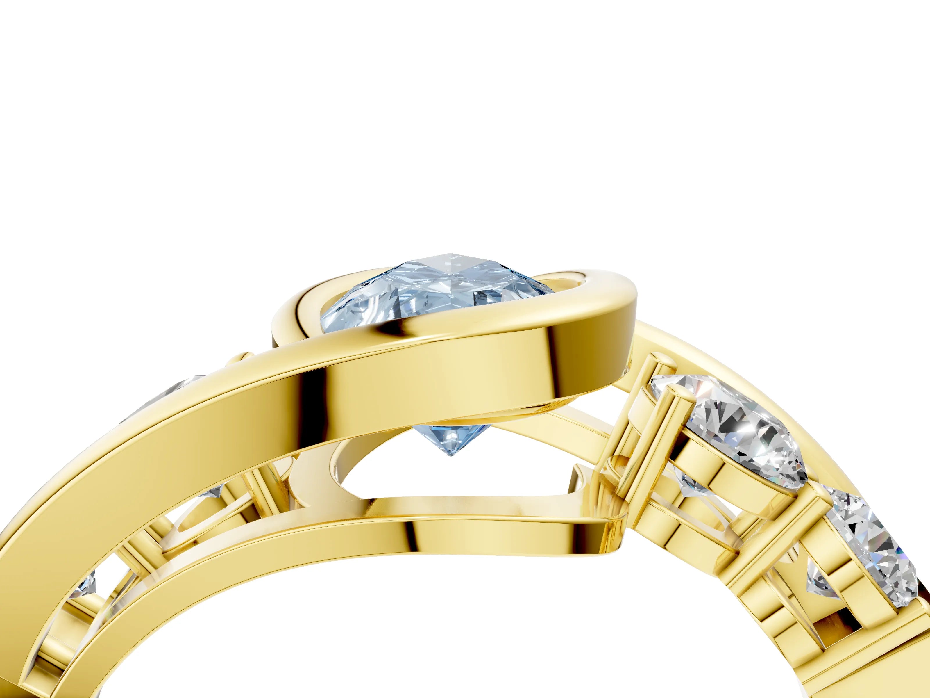 Yellow gold Bezel Set Fancy Blue Pear Cut Diamond Split Shank Ring_4