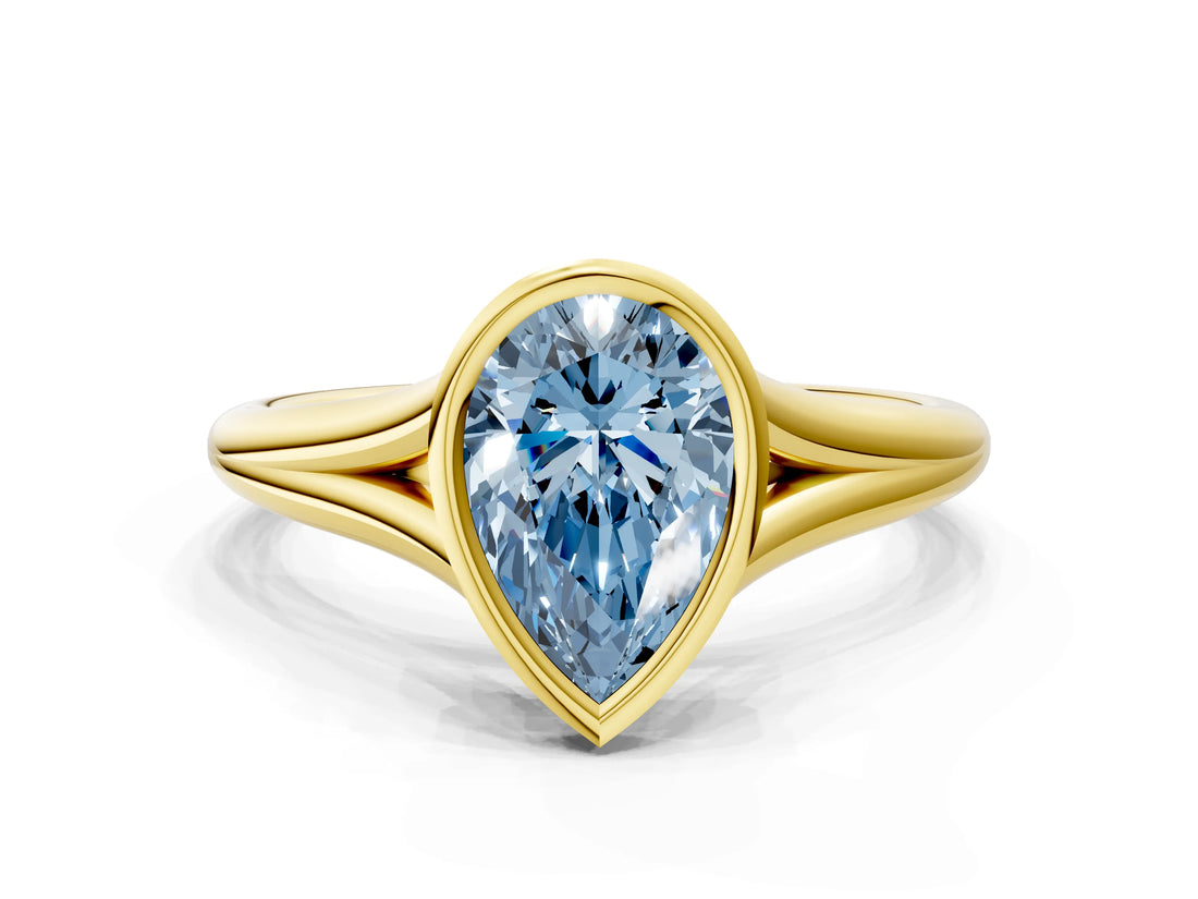 Yellow gold Bezel Set Fancy Blue Pear  Cut Solitaire Ring with Tapered Band 3