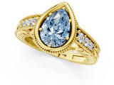Yellow gold Bezel Set Fancy Blue Pear  Diamond Milgrain Pave Engagement Ring_34