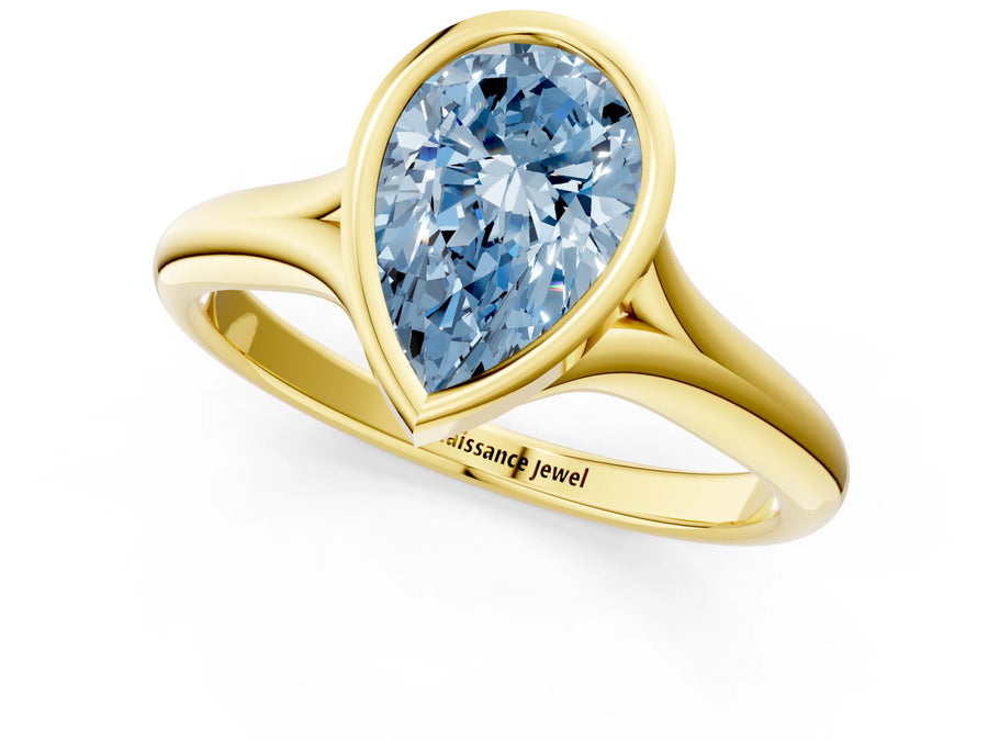 Yellow gold Bezel Set Fancy Blue Pear  Solitaire Diamond Ring with Smooth Band