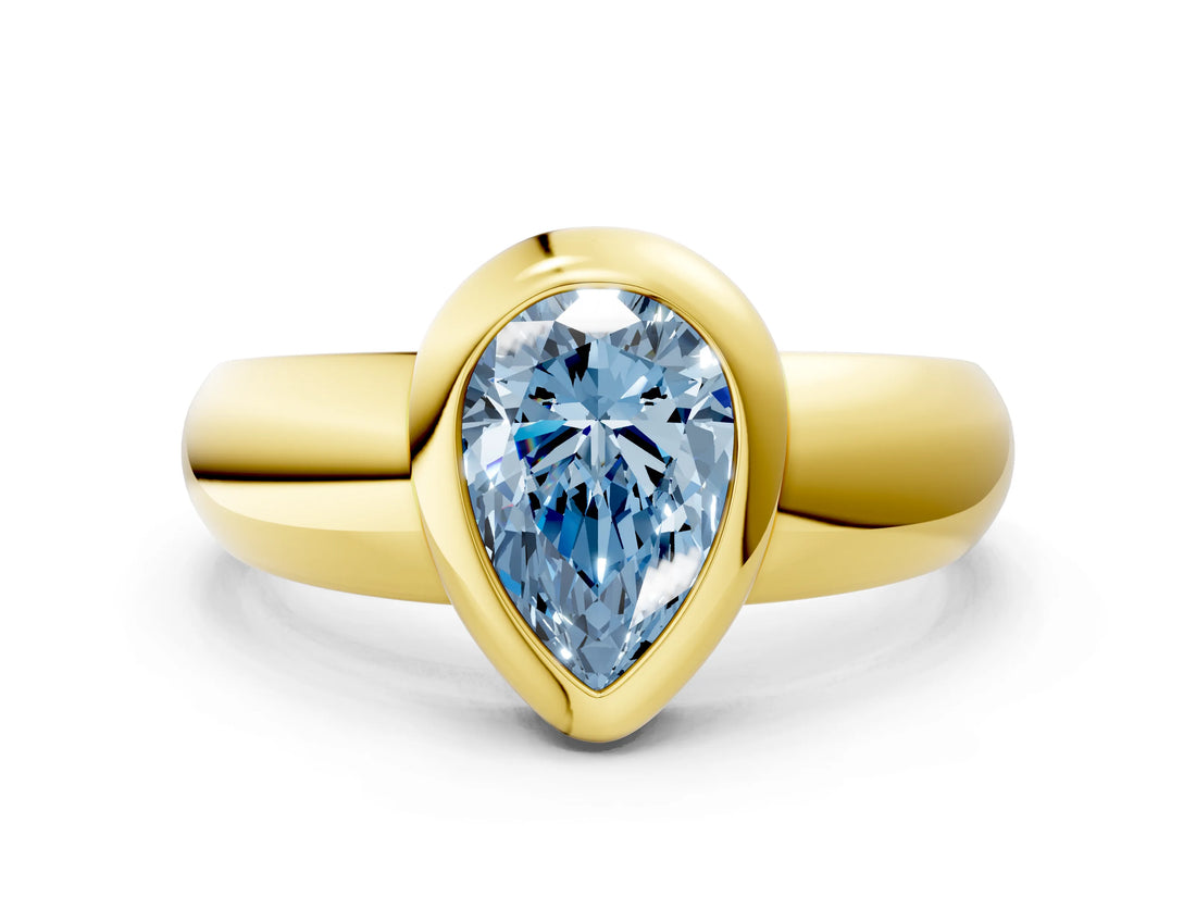 Yellow gold Bezel Set Fancy Blue Pear  Solitaire Ring with Wide Band 1