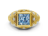 Yellow gold Bezel Set Fancy Blue Princess Cut Diamond Milgrain Band Ring