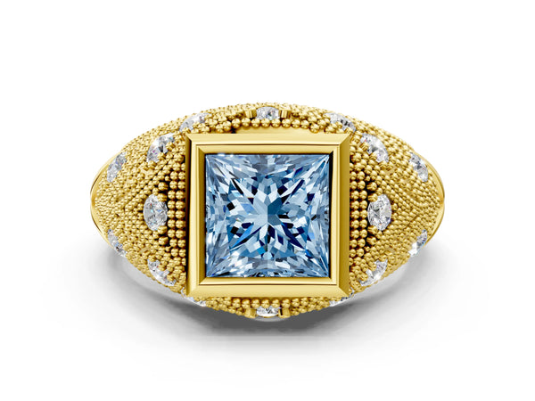 Yellow gold Bezel Set Fancy Blue Princess Cut Diamond Milgrain Band Ring