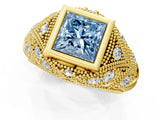 Yellow gold Bezel Set Fancy Blue Princess Cut Diamond Milgrain Band Ring_1
