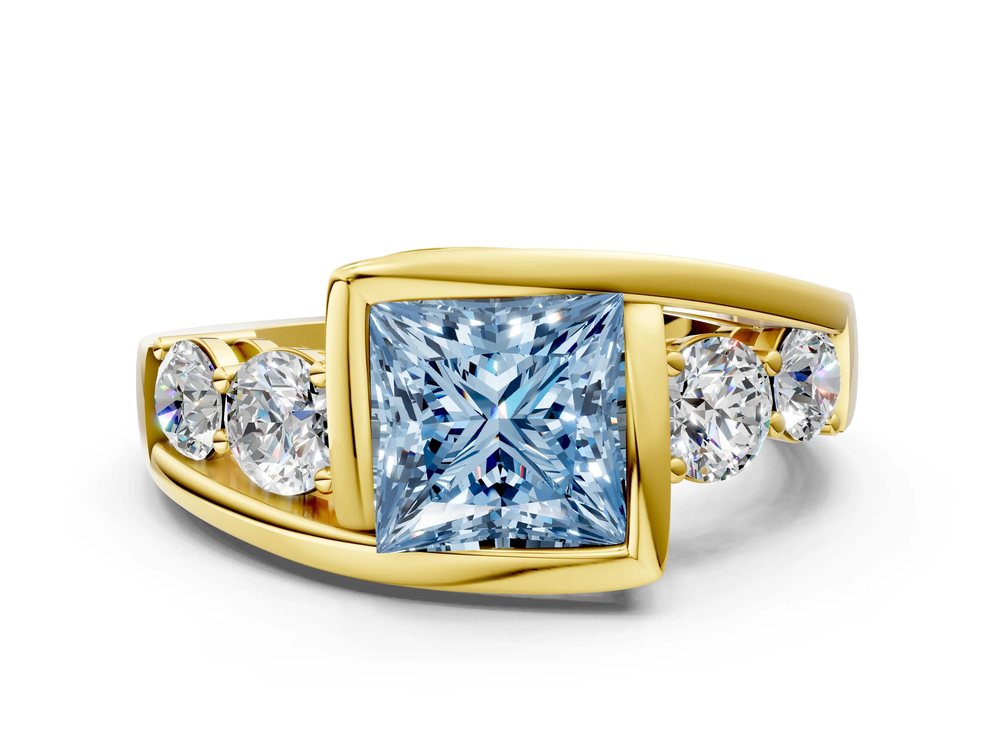 Yellow gold Bezel Set Fancy Blue Princess Cut Diamond Split Shank Ring
