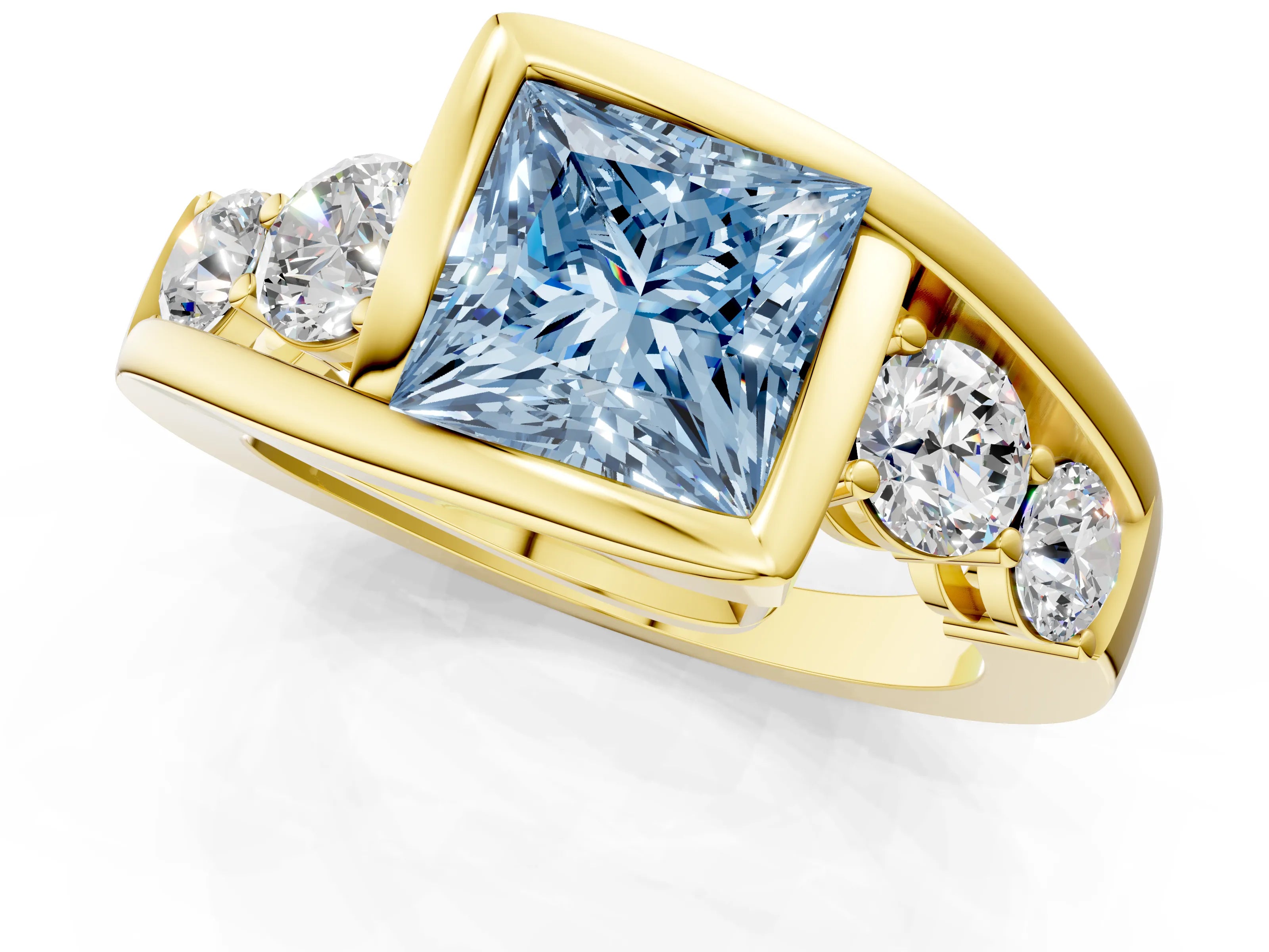 Yellow gold Bezel Set Fancy Blue Princess Cut Diamond Split Shank Ring_1