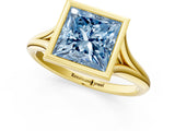 Yellow gold Bezel Set Fancy Blue Princess  Cut Solitaire Ring with Tapered Band 1