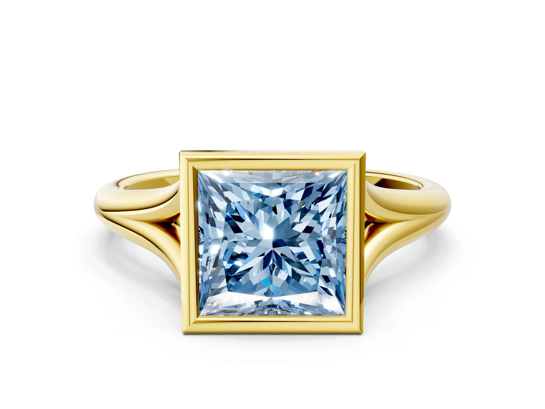 Yellow gold Bezel Set Fancy Blue Princess  Cut Solitaire Ring with Tapered Band