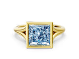 Yellow gold Bezel Set Fancy Blue Princess  Cut Solitaire Ring with Tapered Band
