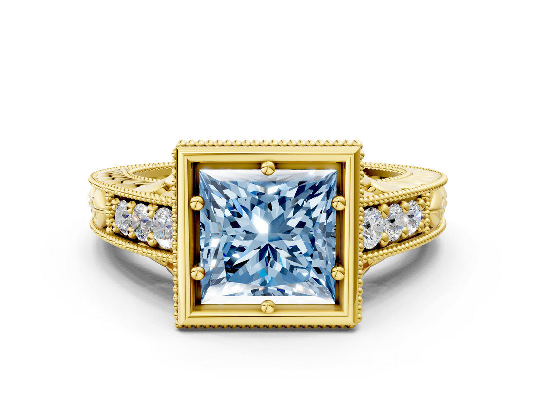 Yellow gold Bezel Set Fancy Blue Princess  Diamond Milgrain Pave Engagement Ring_50