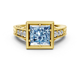 Yellow gold Bezel Set Fancy Blue Princess  Diamond Milgrain Pave Engagement Ring_50
