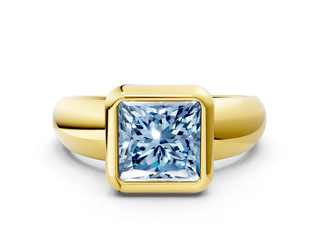 Yellow gold Bezel Set Fancy Blue Princess  Solitaire Ring with Wide Band 1