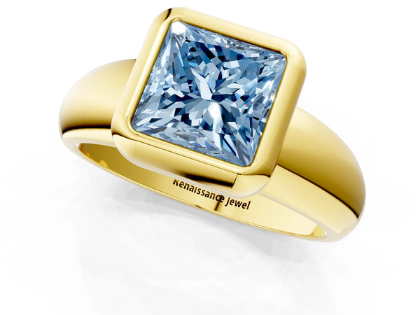 Yellow gold Bezel Set Fancy Blue Princess  Solitaire Ring with Wide Band