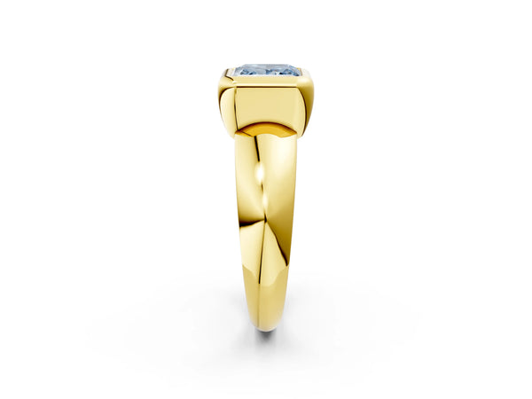 Yellow gold Bezel Set Fancy Blue Princess  Solitaire Ring with Wide Band