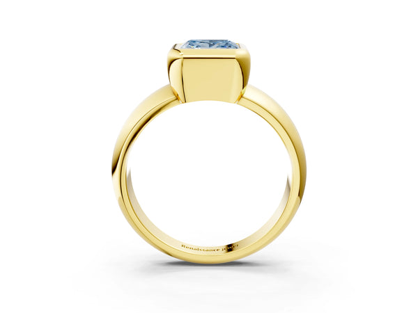 Yellow gold Bezel Set Fancy Blue Princess  Solitaire Ring with Wide Band