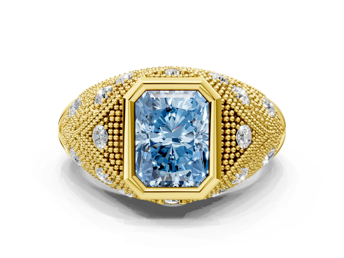 Yellow gold Bezel Set Fancy Blue Radiant Cut Diamond Milgrain Band Ring