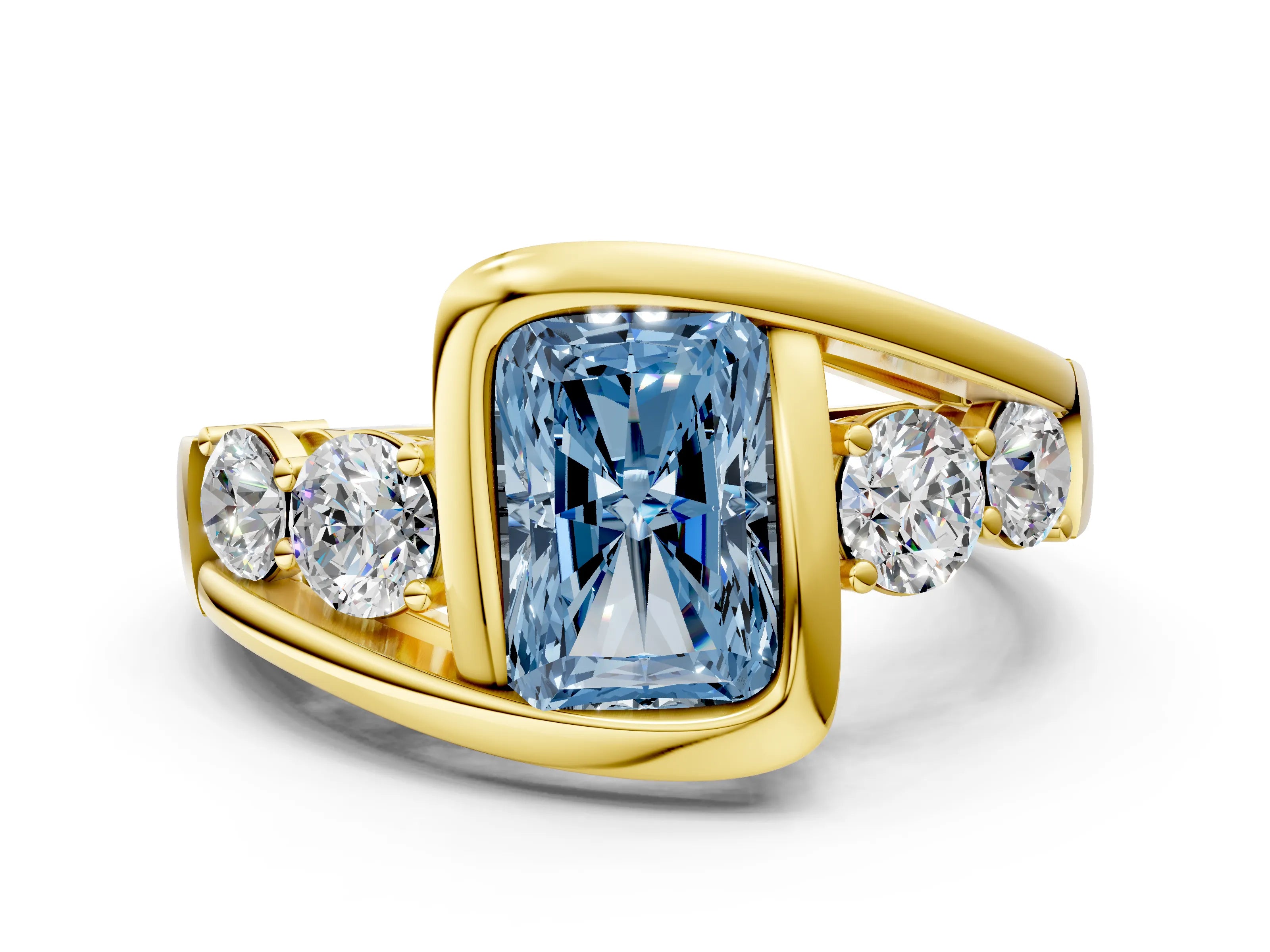 Yellow gold Bezel Set Fancy Blue Radiant Cut Diamond Split Shank Ring