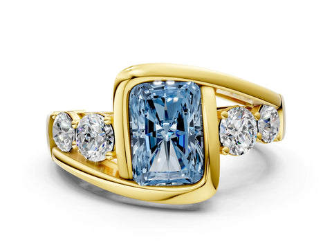 Yellow gold Bezel Set Fancy Blue Radiant Cut Diamond Split Shank Ring