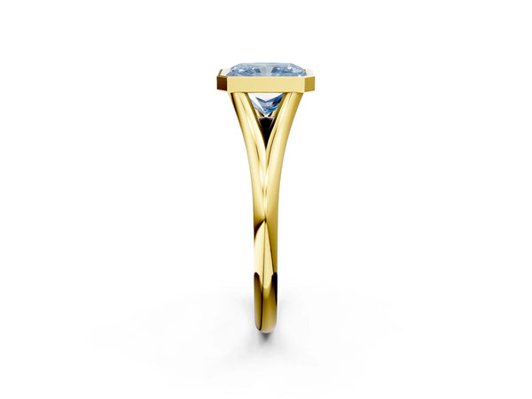 Yellow gold Bezel Set Fancy Blue Radiant  Cut Solitaire Ring with Tapered Band