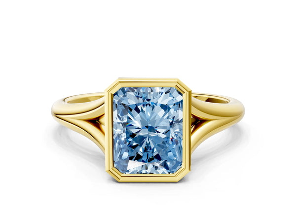 Yellow gold Bezel Set Fancy Blue Radiant  Cut Solitaire Ring with Tapered Band