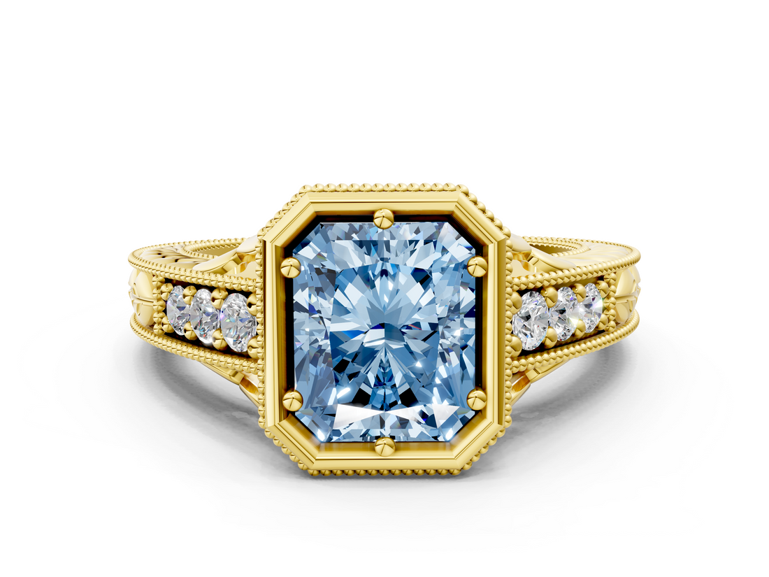 Yellow gold Bezel Set Fancy Blue Radiant  Diamond Milgrain Pave Engagement Ring_28