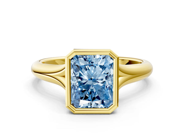 Yellow gold Bezel Set Fancy Blue Radiant  Solitaire Diamond Ring with Smooth Band