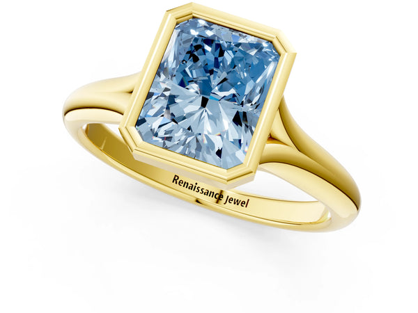 Yellow gold Bezel Set Fancy Blue Radiant  Solitaire Diamond Ring with Smooth Band