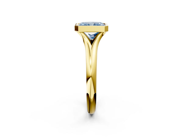 Yellow gold Bezel Set Fancy Blue Radiant  Solitaire Diamond Ring with Smooth Band