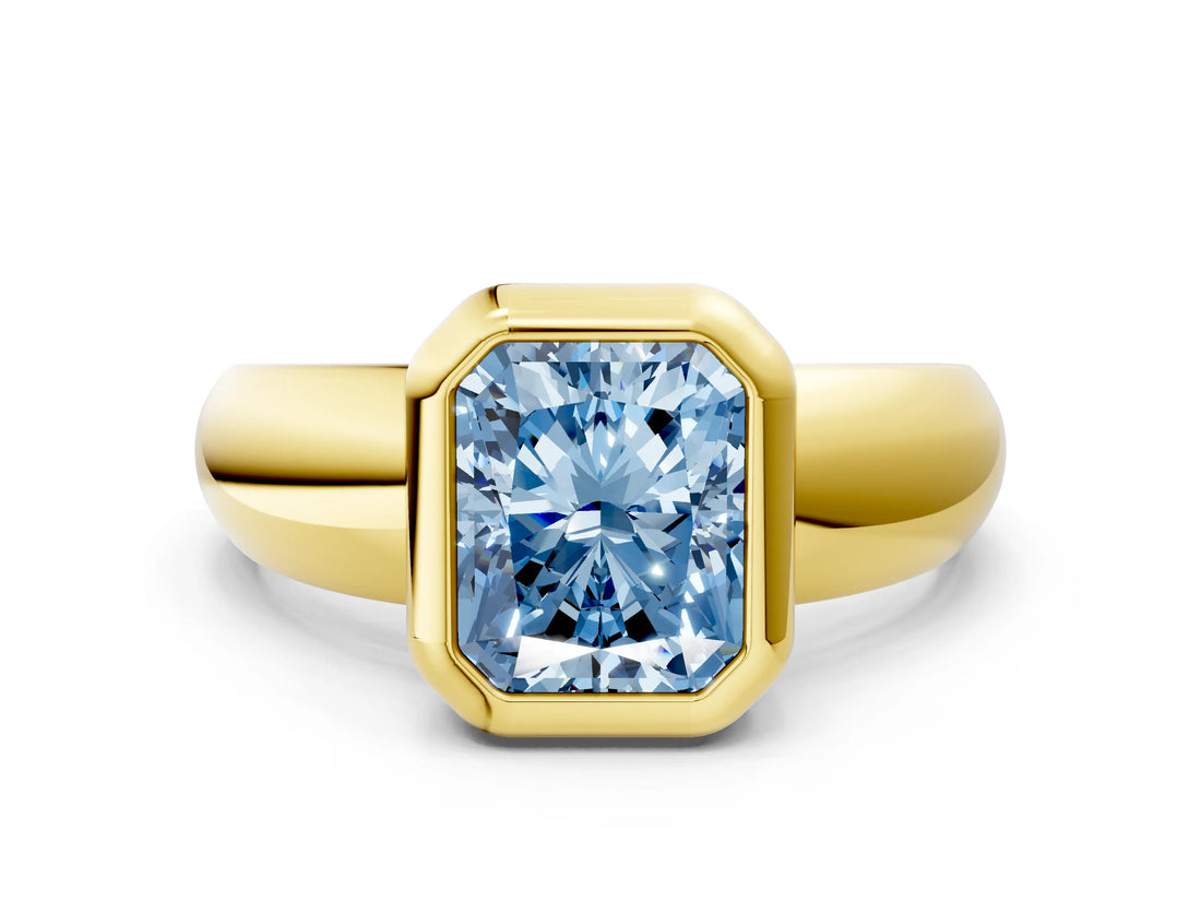 Yellow gold Bezel Set Fancy Blue Radiant  Solitaire Ring with Wide Band