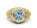 Yellow gold Bezel Set Fancy Blue Round Cut Diamond Milgrain Band Ring